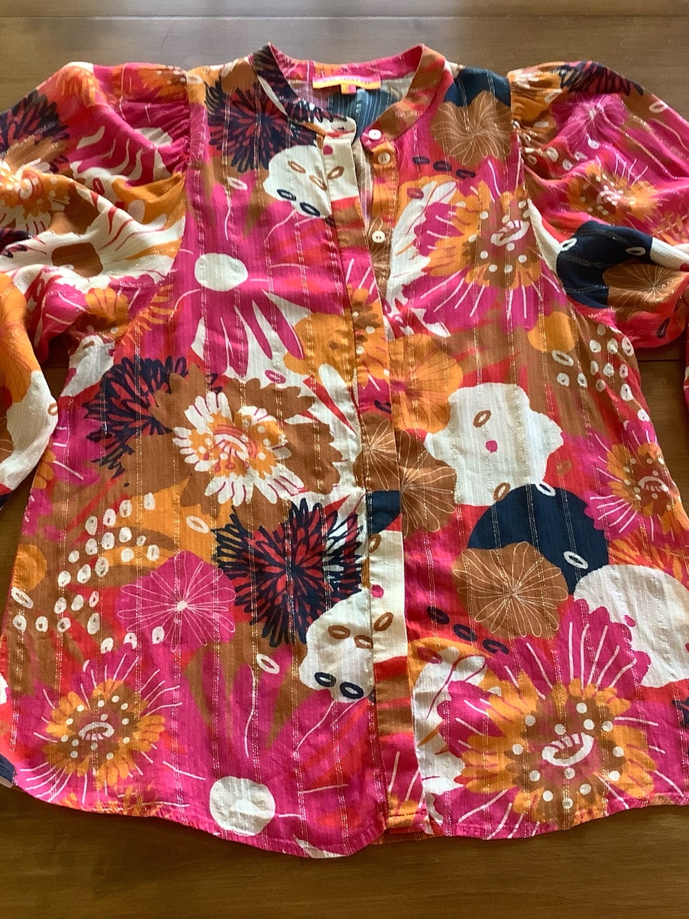 Vilagallo Floral Button-Front Sheer Blouse in Pink, Orange, Navy